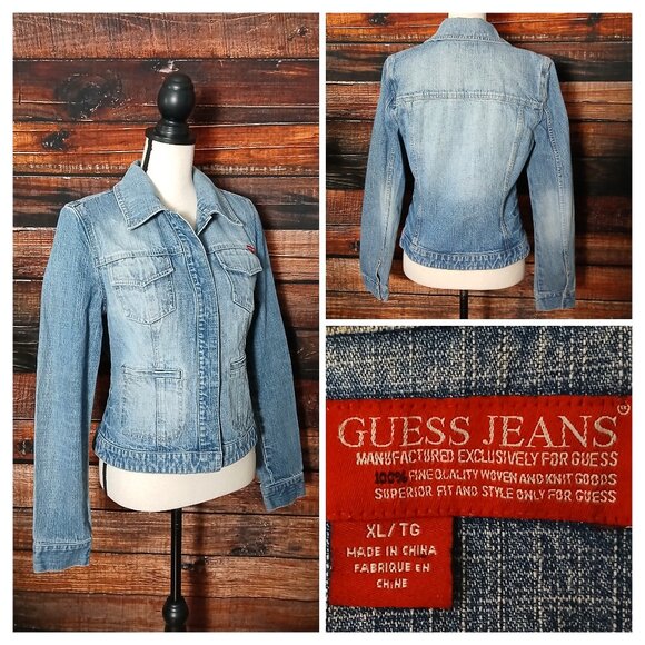 GUESS Vintage 90s Jean Jacket Snap Front Blue Denim 100% Cotton READ - Picture 1 of 11